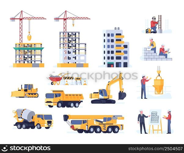 Construction process. Special machines and technics. Architect, welder and builder characters. Unfinished house. Crane or excavator. Building transport. Concrete mixer. Vector housing development set. Construction process. Machines and technics. Architect, welder and builder. Unfinished house. Crane or excavator. Building transport. Concrete mixer. Vector housing development set
