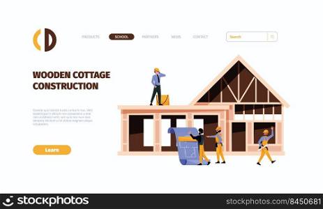 Construction processes landing. Modern exterior construction stages of villages garish vector templates of web page with place for text. Exterior construction industry illustration. Construction processes landing. Modern exterior construction stages of villages garish vector templates of web page with place for text