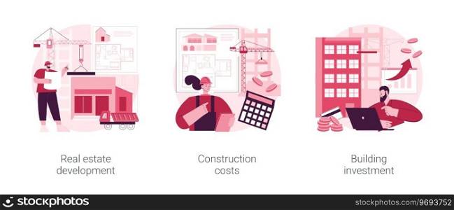Construction project management abstract concept vector illustration set. Real estate development, construction costs, building investment, buy land, bank loan, financial plan abstract metaphor.. Construction project management abstract concept vector illustrations.