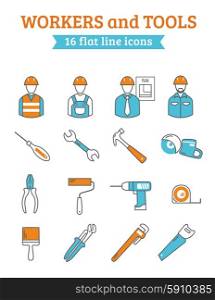Construction project manager with foreman workers and tools 16 line icons collection poster abstract isolated vector illustration. Construction workers tools line icons set
