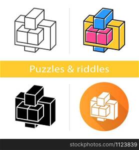 Construction puzzle icon. Connected pieces. Trial and error, put-together game. Mental exercise. Brain teaser. Problem solving. Flat design, linear and color styles. Isolated vector illustrations