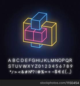 Construction puzzle neon light icon. Connected pieces. Trial and error, put-together game. Mental exercise. Brain teaser. Glowing sign with alphabet, numbers and symbols. Vector isolated illustration