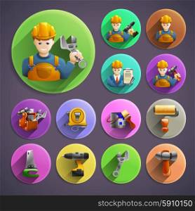 Construction remodeling and renovation colorful round isometric icons composition against dark background character abstract isolated vector illustration. Construction remodeling round isometric icons collection