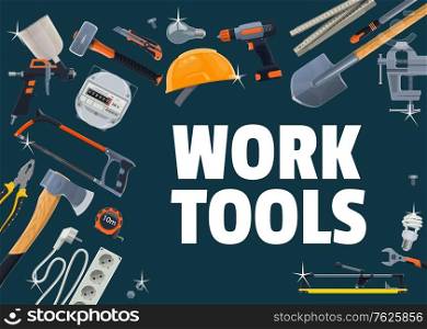 Construction, repair and DIY work tools vector. Paint sprayer and sledgehammer, helmet, power screwdriver and tile cutter, energy meter, hacksaw and shovel. Repair and renovation works tools banner. Construction, repair and DIY work tools vector