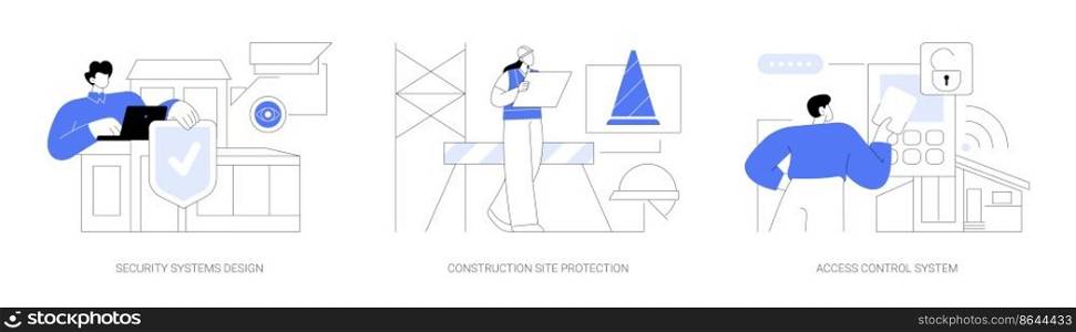Construction security services abstract concept vector illustration set. Security systems design, construction site protection, authorized access control system, video surveillance abstract metaphor.. Construction security services abstract concept vector illustrations.