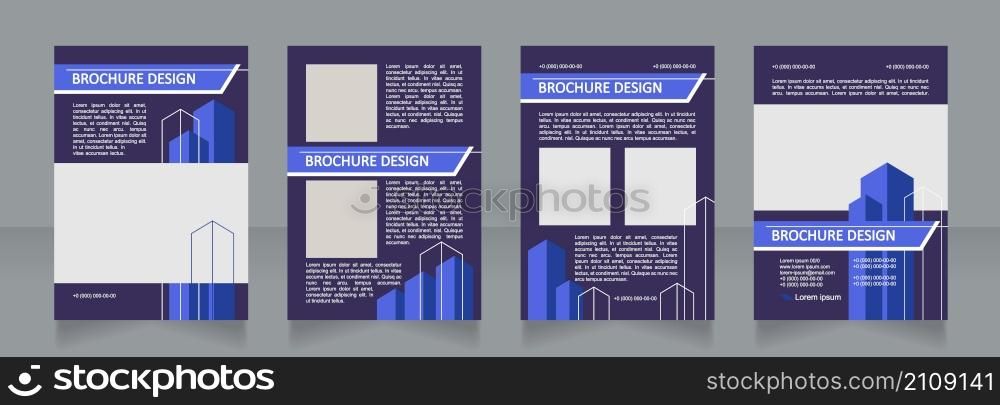 Construction service dark blue blank brochure design. Template set with copy space for text. Premade corporate reports collection. Editable 4 paper pages. Calibri, Arial fonts used. Construction service dark blue blank brochure design