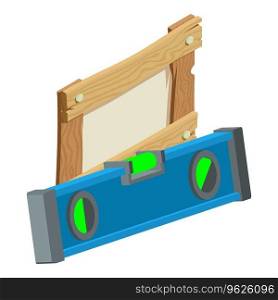Construction service icon isometric vector. Blue building level and wooden board. Construction and repair. Construction service icon isometric vector. Blue building level and wooden board