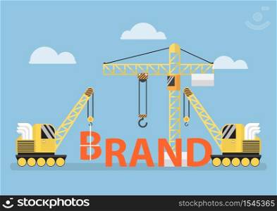 Construction site crane building big brand word, brand building concept, VECTOR, EPS10