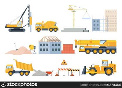 Construction site elements. Material piles, sand and pipes, brick building and machinery. Cement mixer truck, bulldozer and crane vector set. Illustration construction site, stone heap and pipe. Construction site elements. Material piles, sand and pipes, brick building and machinery. Cement mixer truck, bulldozer and crane vector set