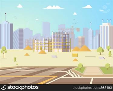 Construction Site Flat Vector Background with Business Center, Skyscraper or House Unfinished Building, Parking and Modern Metropolis Cityscape Illustration. Growing City, Real Estate Object Concept