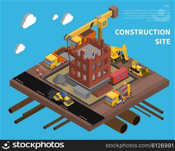 Construction Site Illustration . Construction site with building block of flats symbols on blue background isometric vector illustration