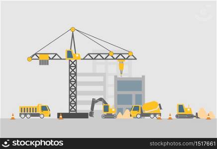 Construction site with construction machines, flat design, vector illustration