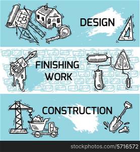 Construction sketch decorative banner set with design finishing work isolated vector illustration