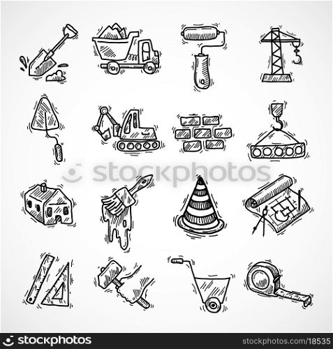 Construction sketch decorative icons set with crane truck hammer isolated vector illustration