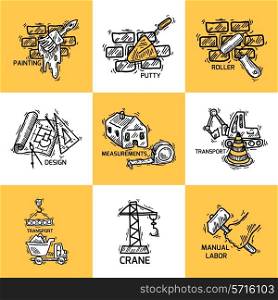 Construction sketch decorative icons set with painting putty roller isolated vector illustration