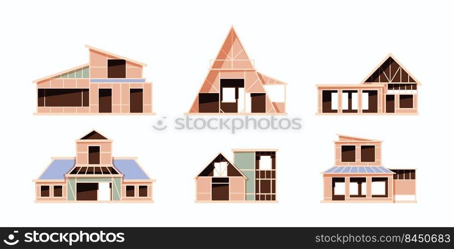 Construction stages. Building cottages exterior house foundation processes wooden roofing garish vector flat illustrations. Building construction foundation. Construction stages. Building cottages exterior house foundation processes wooden roofing garish vector flat illustrations