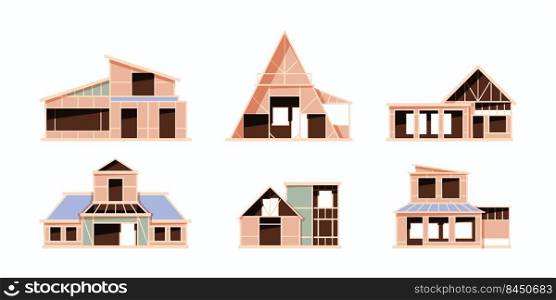 Construction stages. Building cottages exterior house foundation processes wooden roofing garish vector flat illustrations. Building construction foundation. Construction stages. Building cottages exterior house foundation processes wooden roofing garish vector flat illustrations