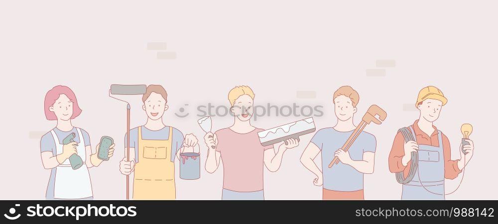 Construction team. Group of repairmen. Cleaning lady, painter, plasterer, plumber, electrician. Hand drawn style vector graphics.