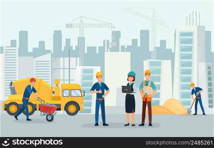 Construction team on site, builder, architect and contractor. Vector professional work team illustration, foreman and building. Construction team on site, builder, architect and contractor
