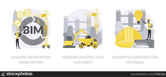 Construction technology innovation abstract concept vector illustration set. Building information modeling, modern construction machinery, new construction material, heavy equipment abstract metaphor.. Construction technology innovation abstract concept vector illustrations.