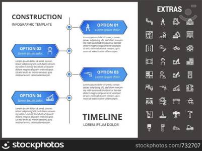 Construction timeline infographic template, elements and icons. Infograph includes options with years, line icon set with construction worker, builder tools, repair person, house building, project etc. Construction infographic template and elements.