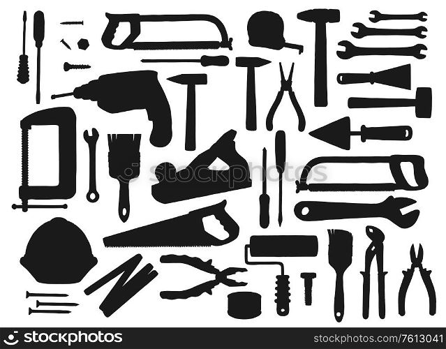 Construction tools black silhouettes, vector equipment for repair works. Hammer, screwdriver and wrench, pliers, spanner and roller. Drill, saw, trowel and screw, tape measure, helmet and vice set. Black silhouettes of tools and equipment