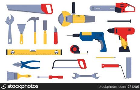 Construction tools. Cartoon carpentry and mechanic work hardware. Isolated plumber and engineer instruments set. Modern builder electric appliance. Vector fix and repair handy equipment collection. Construction tools. Cartoon carpentry and mechanic work hardware. Plumber and engineer instruments set. Builder electric appliance. Vector fix and repair handy equipment collection