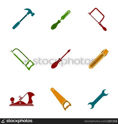 Construction tools glyph color icon set. Hammer, chisels, hacksaw, fretsaw, hand saw, jack plane, screwdriver, wrench. Silhouette symbols on white backgrounds. Negative space. Vector illustrations. Construction tools glyph color icon set