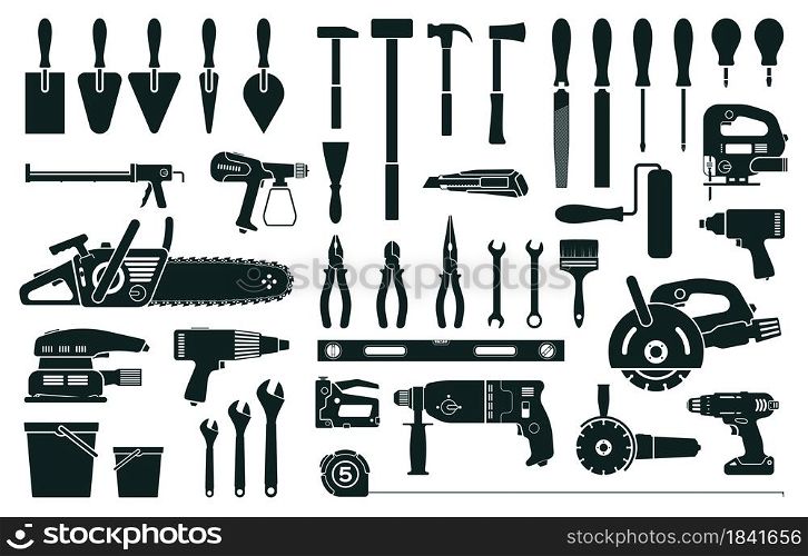 Construction tools, home repair or renovation instruments silhouette. Hammer, screwdriver, drill, pliers. Carpenter building tool icon vector set. Professional equipment for house remodeling. Construction tools, home repair or renovation instruments silhouette. Hammer, screwdriver, drill, pliers. Carpenter building tool icon vector set