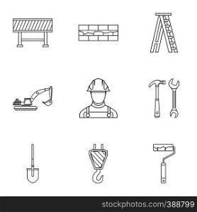 Construction tools icons set. Outline illustration of 9 construction tools vector icons for web. Construction tools icons set, outline style