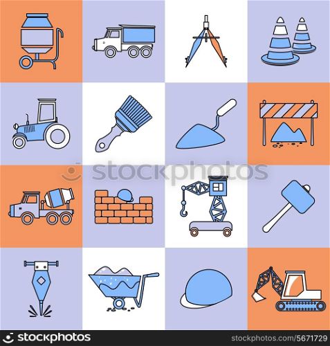 Construction tools industrial flat line web site icons set isolated vector illustration