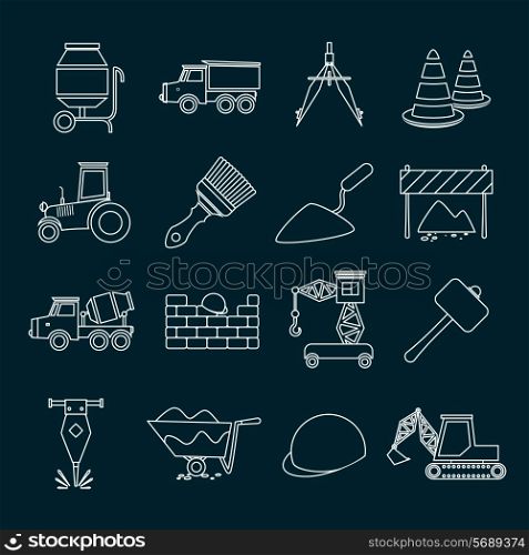 Construction tools industrial outline icons set isolated vector illustration