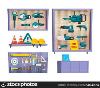 Construction tools. Repair kit shelves stores with construction items screwdrivers saw hammer drill helmet garish vector flat illustration. Repair kit tool for home, screwdriver and hardware. Construction tools. Repair kit shelves stores with construction items screwdrivers saw hammer drill helmet garish vector flat illustration