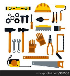 Construction tools set. Industrial vector icons in flat style isolate on white. Tools for construction industry, working tools to renovation illustration. Construction tools set. Industrial vector icons in flat style isolate on white