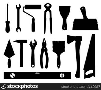 Construction tools vector black silhouettes isolated on white background. Equipment tools hammer screwdriver, pliers and spanner illustration. Construction tools vector black silhouettes isolated on white background