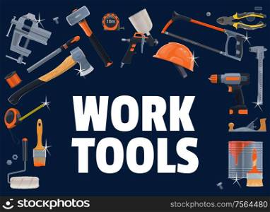 Construction tools. Vector carpentry, DIY, building industry equipment. Electric drill, hammer and screwdriver, saw and plastering tool, ax, vise, planer and paint brush, pliers and hardhat, grinder. Construction, building and carpentry tools