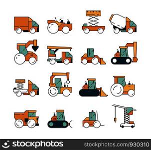 Construction transport. Heavy machinery truck asphalt highway on machines for builders lifting crane bulldozer tractors vector vehicle. Machine for building, automobile earthmover illustration. Construction transport. Heavy machinery truck asphalt highway on machines for builders lifting crane bulldozer tractors vector vehicle