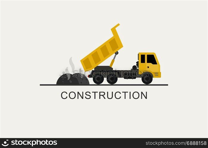 Construction truck unloads asphalt. Construction truck unloads asphalt. Construction machinery in flat style.