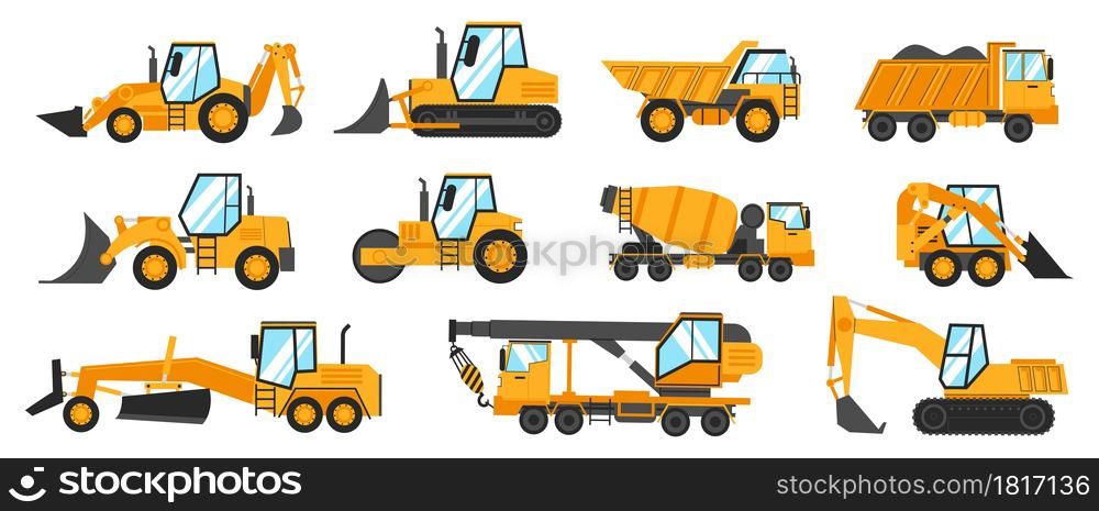 Construction trucks. Heavy industrial vehicles for digging, mining, lifting and transportation. Isolated building transport. Crane excavator and grader. Yellow work cargo lorry. Vector machinery set. Construction trucks. Heavy industrial vehicles for digging, mining, lifting and transportation. Building transport. Crane excavator and grader. Yellow work lorry. Vector machinery set