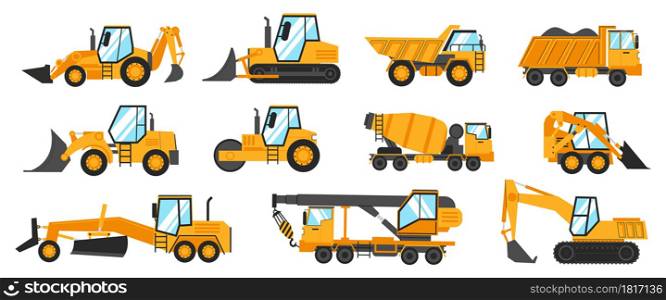 Construction trucks. Heavy industrial vehicles for digging, mining, lifting and transportation. Isolated building transport. Crane excavator and grader. Yellow work cargo lorry. Vector machinery set. Construction trucks. Heavy industrial vehicles for digging, mining, lifting and transportation. Building transport. Crane excavator and grader. Yellow work lorry. Vector machinery set