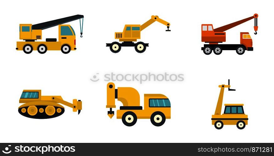 Construction vehicle icon set. Flat set of construction vehicle vector icons for web design isolated on white background. Construction vehicle icon set, flat style