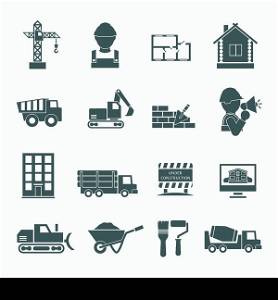 Construction vehicles facilities and building tools black icons set isolated vector illustration