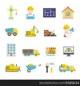 Construction vehicles facilities and building tools icons set isolated vector illustration