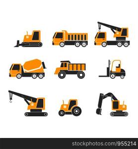 construction vehicles flat design icon set isolated on white background, vector illustration