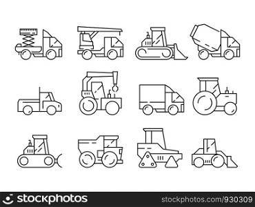 Construction vehicles. Heavy machinery for builders trucks lifting crane bulldozer vector linear symbols isolated. Illustration of machine building, transport earthmover and truck. Construction vehicles. Heavy machinery for builders trucks lifting crane bulldozer vector linear symbols isolated