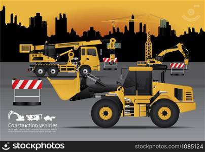 Construction Vehicles Set with Building Background Vector Illustration