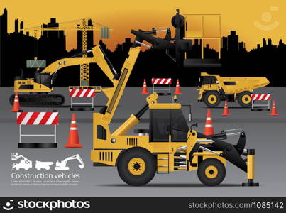 Construction Vehicles Set with Building Background Vector Illustration