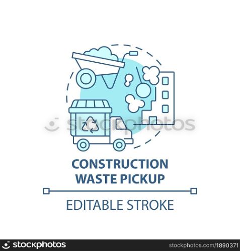 Construction waste pickup blue concept icon. Waste management abstract idea thin line illustration. Demolition rubbish collection and recycle. Vector isolated outline color drawing. Editable stroke. Construction waste pickup blue concept icon