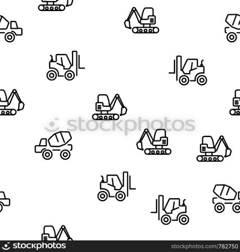 Construction Wheel Vehicle Seamless Pattern Vector. Tractor Excavator, Concrete Mixer And Forklift Vehicle Monochrome Texture Icons. Machine Technic Equipment Template Flat Illustration. Construction Wheel Vehicle Seamless Pattern Vector