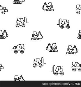 Construction Wheel Vehicle Seamless Pattern Vector. Tractor Excavator, Concrete Mixer And Forklift Vehicle Monochrome Texture Icons. Machine Technic Equipment Template Flat Illustration. Construction Wheel Vehicle Seamless Pattern Vector